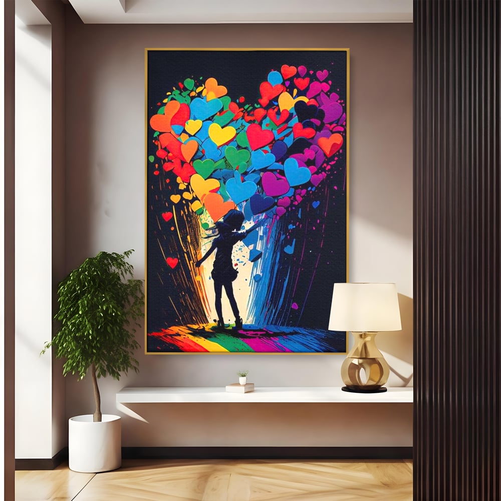 Tablou canvas cu tablou canvas cu silueta si inimi colorate, in rama de aluminiu auriu